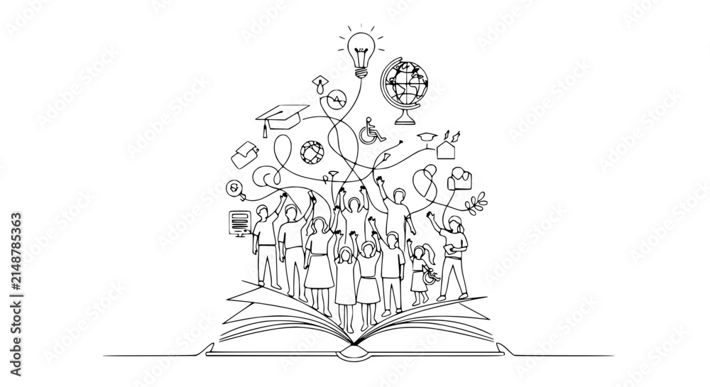 Fototapeta premium Diverse group of people rising from an open book, symbolizing education and knowledge.