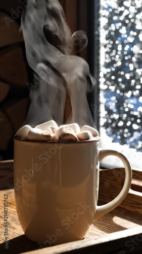 Steaming Mug of Hot Chocolate With Marshmallows by a Snowy Window in Winter