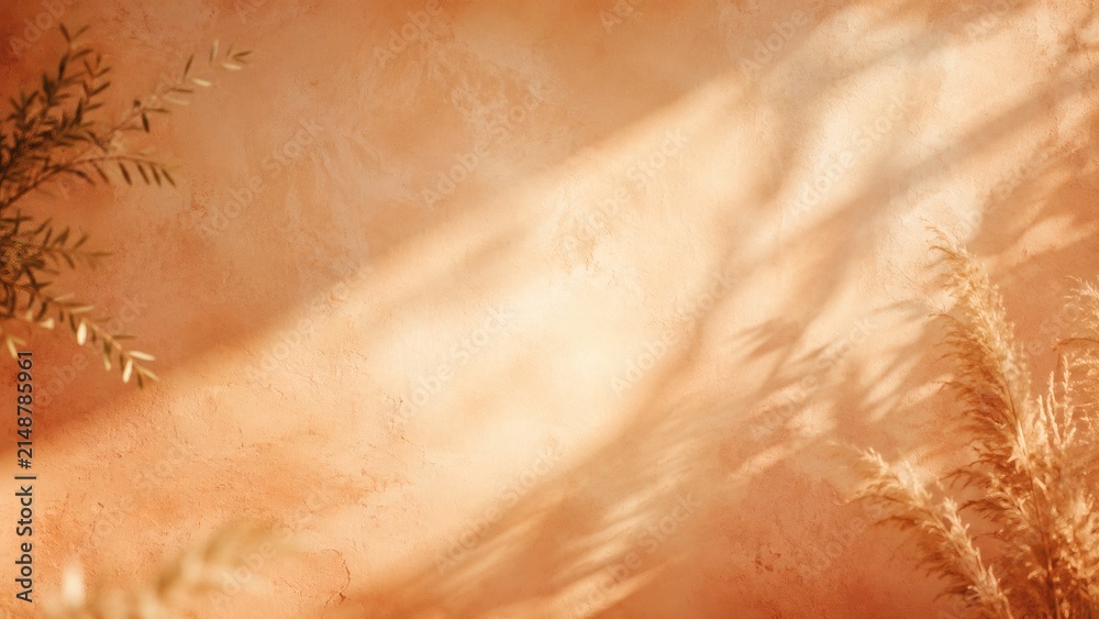 Fototapeta premium Sunlit Autumn Texture: Warm, textured background with diagonal sunbeams casting dappled shadows, adorned with delicate dried plant sprigs.