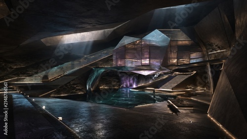 Futuristic Underground Dwelling: An avant-garde underground residence designed with sharp, geometric lines and illuminated by dramatic shafts of light, creating an otherworldly atmosphere.