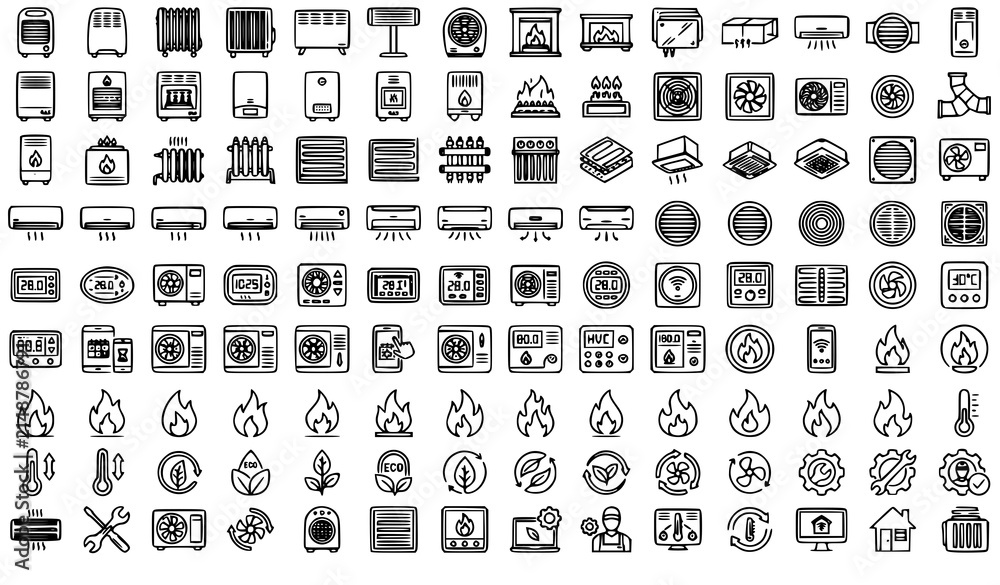 Obraz premium Home Climate Control Heating Cooling Outline Vector Icon Set
