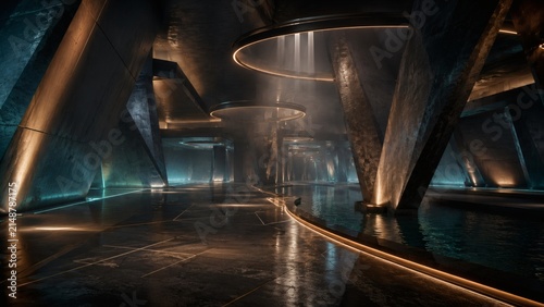 Futuristic Architecture Hallway: A sweeping vista of a high-tech, futuristic interior hallway with dramatic geometric structures, sleek metallic finishes, and ambient lighting.