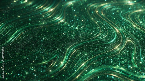 Vibrant Green Abstract Swirling Pattern with Sparkles.