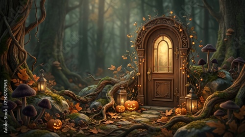 Decorative Halloween door among tree roots in a forest setting