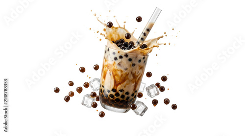 Bubble tea drink splashing with tapioca pearls and ice cubes on transparent background.