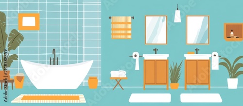 Modern teal bathroom interior design with bathtub, double vanity, and plants