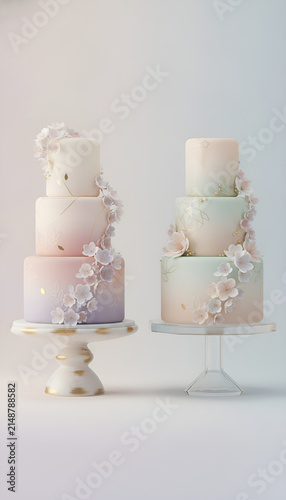 Two elegant tiered wedding cakes decorated with delicate floral blossoms on white stands.