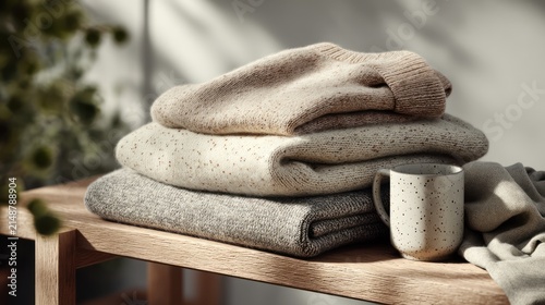 Stacked folded knitwear with a ceramic mug on a wooden surface, soft lighting