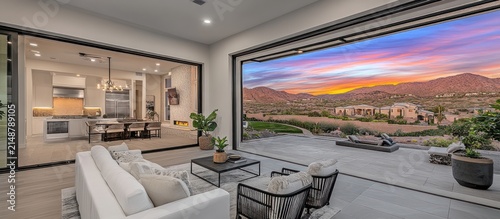Sunset view luxury patio, indoor-outdoor living, mountain vista
