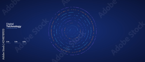 Foto Digital technology background vector, concentric neon dashed rings on dark blue