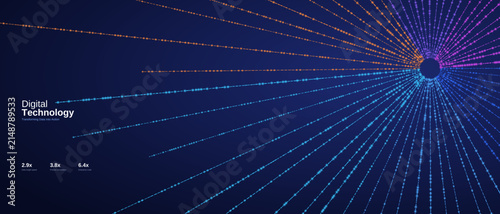 Obraz na plátne Digital technology background vector, neon dashed light rays bursting from a cen