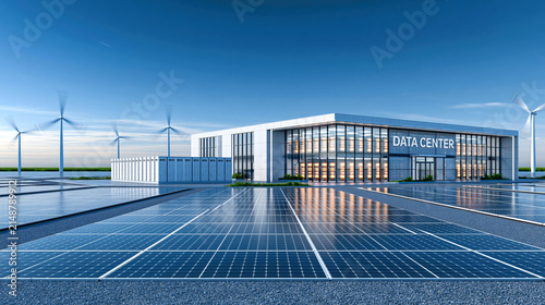 Solar panel field and wind turbines in front of modern data center with reflective rows and clean energy ambiance