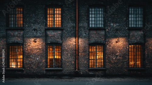 Brick building facade with illuminated windows at dusk architectural view