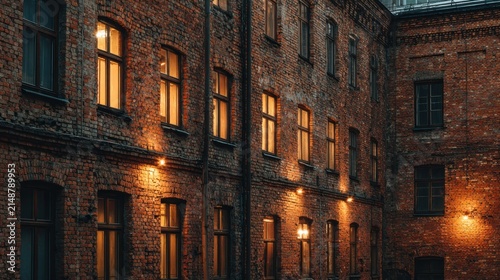 Brick building facade with illuminated windows at dusk architectural view