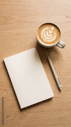 Top view of a closed blank notebook, a cup of coffee with leaf latte art and a white pen on a wooden table, minimal desk workspace and creative thinking