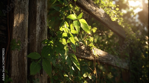 Wooden fence with green leaves illuminated by sunlight in nature