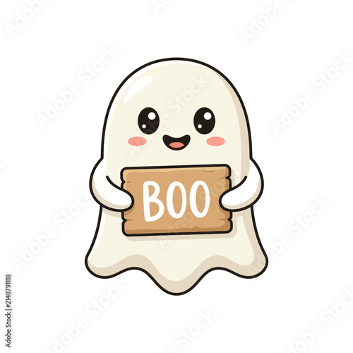 Fotografie Kawaii Halloween ghost vector, cute cartoon ghost holding wooden boo sign, frien