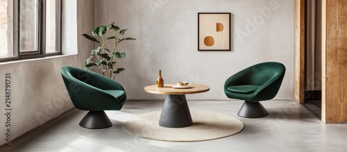 Modern green velvet chairs & wooden coffee table in a minimalist room