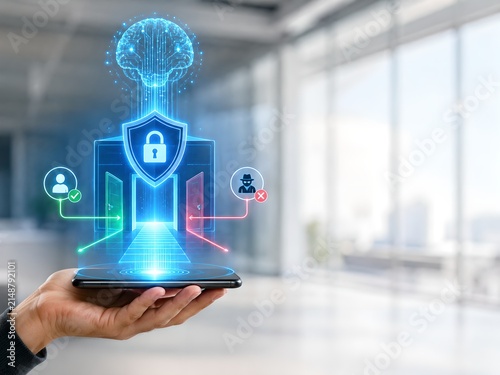 AI Cybersecurity Agent Zero Trust Access Control Hologram Above Smartphone