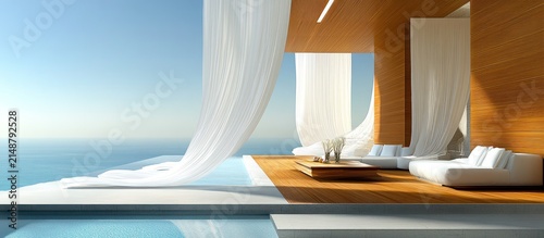 Oceanfront patio, infinity pool, white drapes, wood deck, luxury relaxation