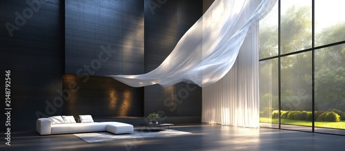 Modern living room, flowing fabric, garden view, sunlight, interior design