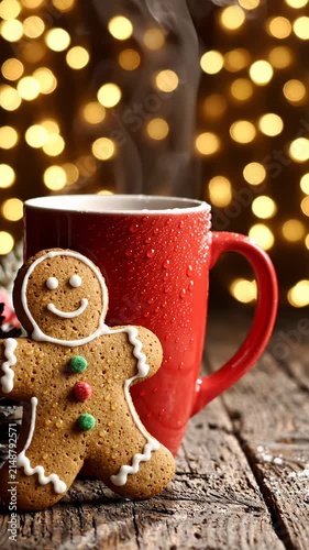 Steaming Red Mug With Gingerbread Man Cookie on Rustic Wooden Table With Christmas Lights Background