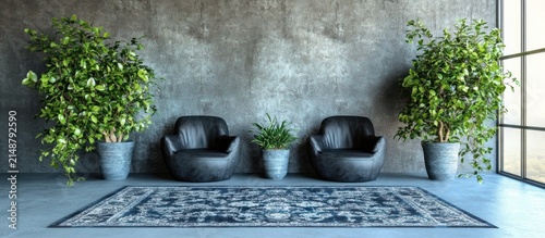 Modern lobby lounge chairs, plants, rug, industrial wall