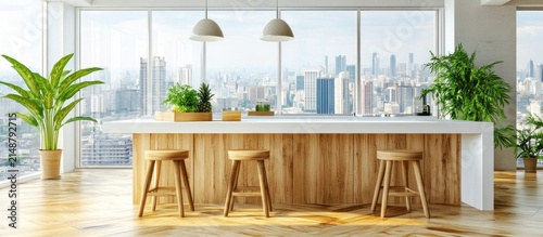Modern kitchen island, city view, wood stools, plants