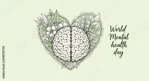Hand drawn doodle heart with human brain illustration for world mental health day awareness campaign concept