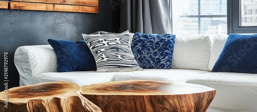 Modern apartment living room with white sofa, blue pillows, wooden coffee table, city view