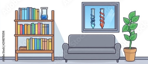 Office waiting room with books, plant, and science image