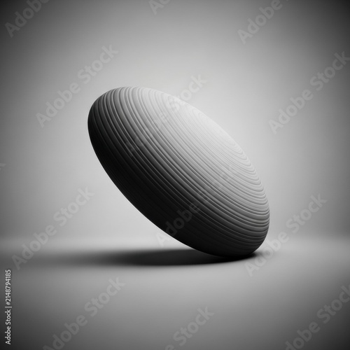 Abstract 3D render of a ribbed ellipsoidal shape with concentric circular grooves on a grey gradient background, featuring realistic studio lighting and soft drop shadow.