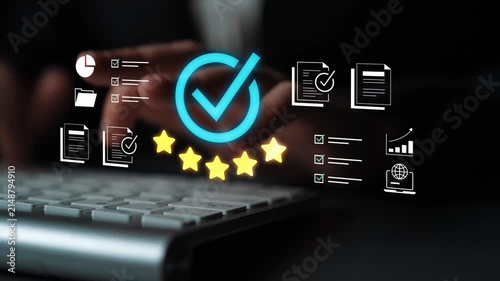 Digital interface showcasing a checkmark symbol representing verification process alongside records, charts, and spreadsheets for quality assurance tasks. Gluon.