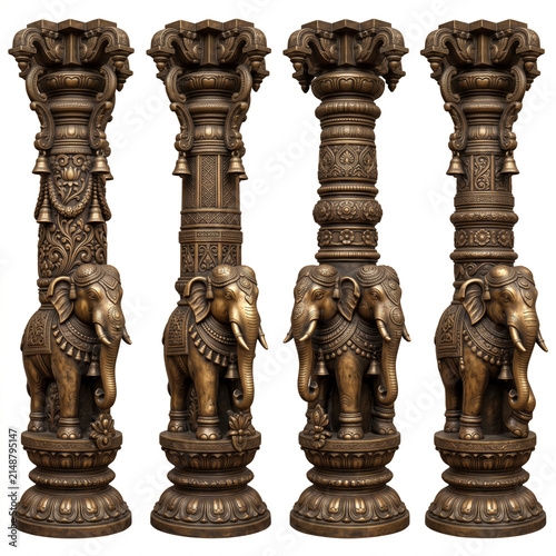 Monumental carved stone temple pillars with elephant sculptures and ornate architectural detailing isolated on white