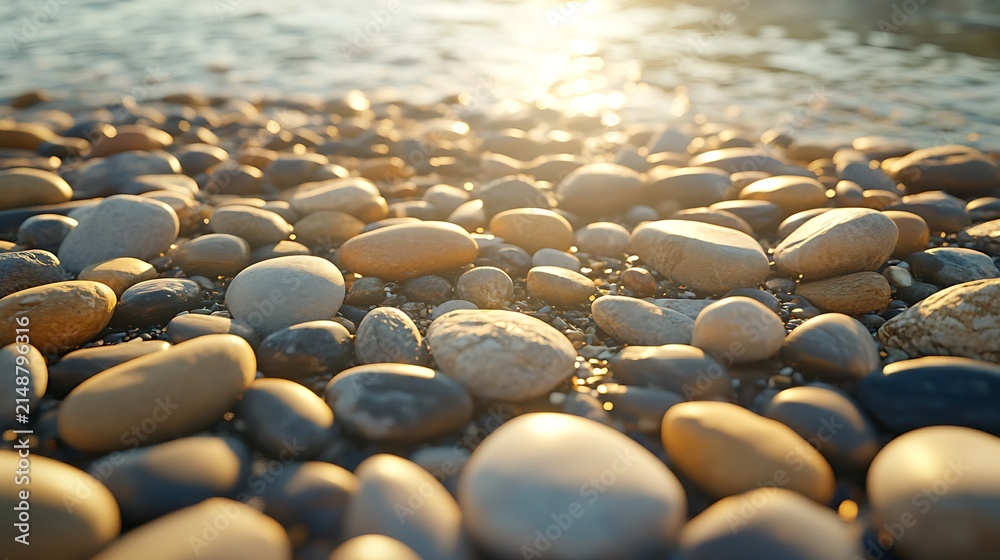 Obraz premium Sunset beach pebbles texture, ocean background, serene scene
