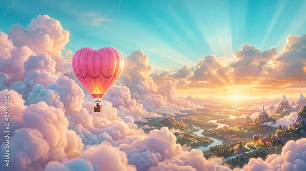 Obraz premium Fantasy balloon journey acroos a magical cloudscape