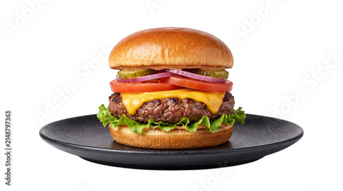 Canvas Print Cheeseburger on black plate png isolated on transparent background