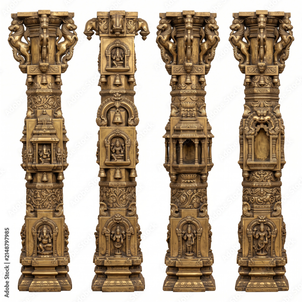 Naklejka premium Intricately carved stone temple pillars with recessed shrine niches and elaborate traditional architectural details