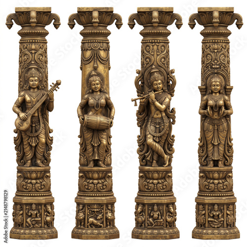 Intricately carved stone temple pillars with sculpted musicians and traditional architectural detailing