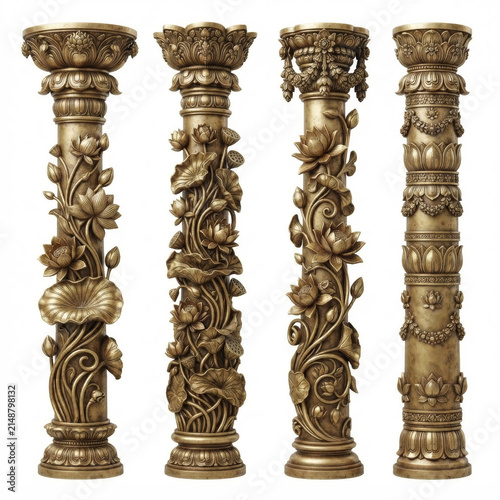 Decorative carved stone temple pillars with floral vine ornamentation and traditional architectural details