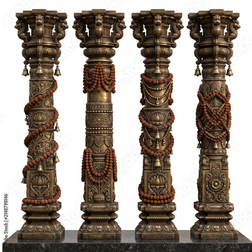 Carved stone temple pillars with ceremonial bead garlands and ornate architectural ornamentation