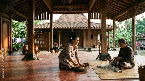 Indonesian family engaged in daily activities at traditional home