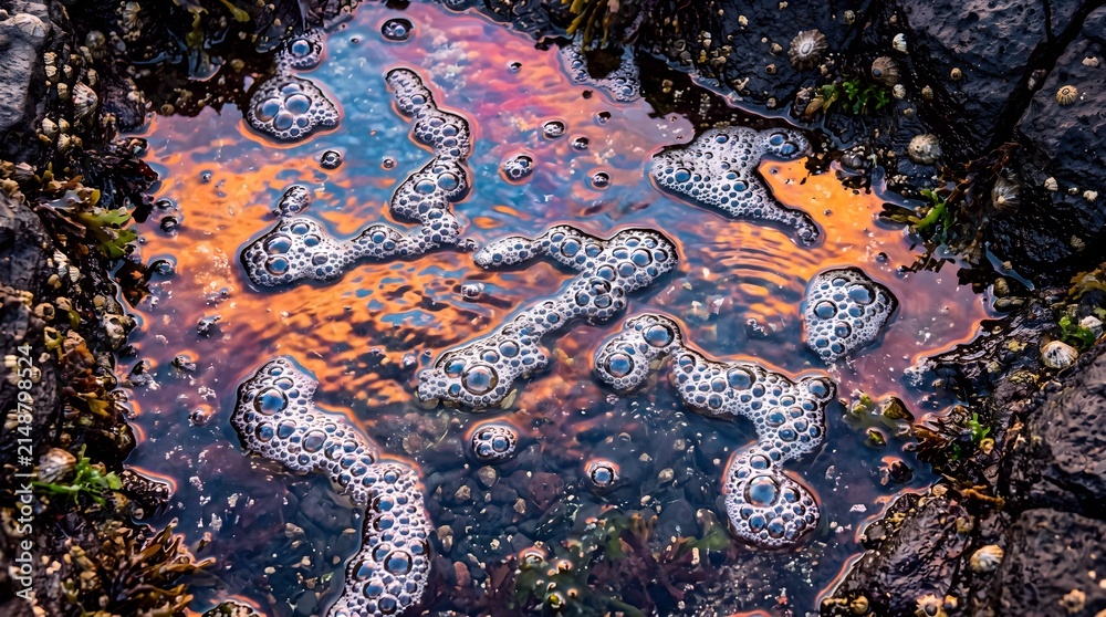 Obraz premium Iridescent oil spill in a rocky tide pool, colorful chemical pollution on water surface, environmental contamination with sea foam and barnacles