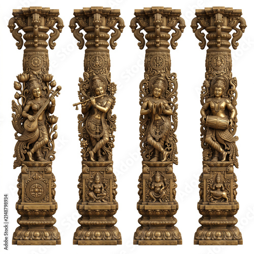 Ornate carved stone temple pillars featuring sculpted musicians and intricate traditional architectural ornamentation
