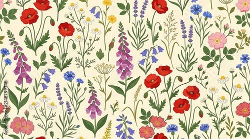 Colorful wildflower seamless pattern with poppies and lavender