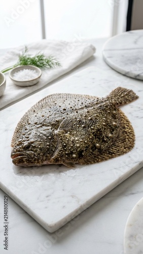 Whole raw turbot fish placed on marble cutting board with sea salt and fresh dill