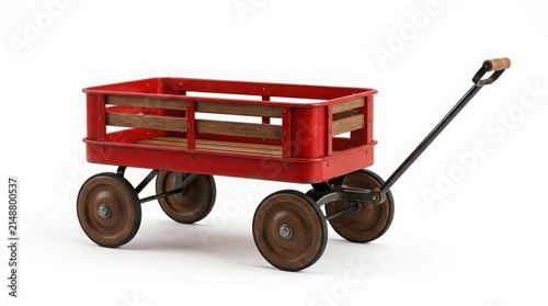 Small red wooden toy wagon for children with children transport childhood equipment isolated background outdoors activity traditional handcart carriage playtime