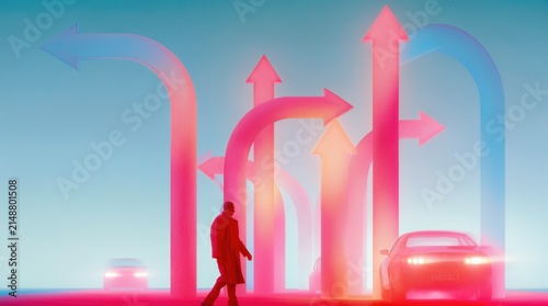Decision making. Businessman walks among multiple directional arrows and cars, representing strategic choice, alternative paths, change and future direction.