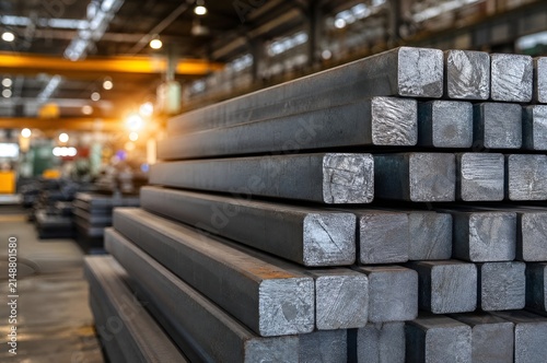 Stacked Square Steel Billets in a Heavy Industrial Manufacturing Facility Warehouse