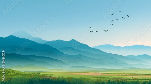 peaceful rural nature with grassy plains and layered background mountains, cartoon birds flying across light blue sky